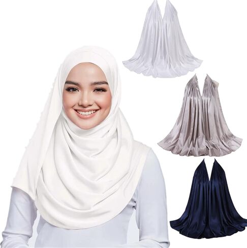 KXY 3 Pieces 70 * 180CM Muslim Silk Hijab Shawls Scarf for Women Satin Head Wraps Long Shawl in Saudi Arabia