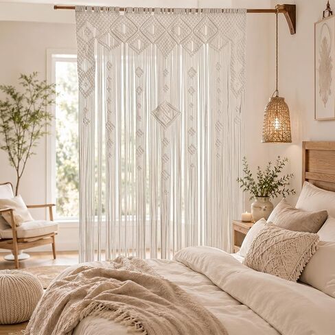 Boshen Boho Macrame Curtain Handmade Woven Doorway Curtain, Large Bohemian Room Divider Wall Hanging Home Decor Wedding Backdrop, 1 Panel-43.3" W x 78.7" L in Saudi Arabia