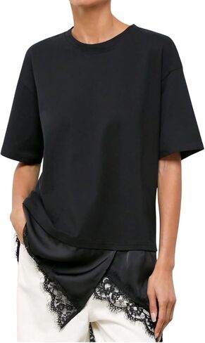 Verdusa Women's Lace Tops Satin T Shirt Dress Oversized Tshirts Short Sleeve Asymmetrical Tops Summer Outfits in Kuwait