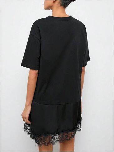 Verdusa Women's Lace Tops Satin T Shirt Dress Oversized Tshirts Short Sleeve Asymmetrical Tops Summer Outfits in Kuwait