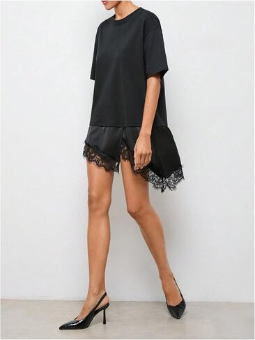 Verdusa Women's Lace Tops Satin T Shirt Dress Oversized Tshirts Short Sleeve Asymmetrical Tops Summer Outfits in Kuwait