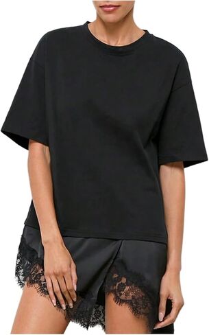 Verdusa Women's Lace Tops Satin T Shirt Dress Oversized Tshirts Short Sleeve Asymmetrical Tops Summer Outfits in Kuwait