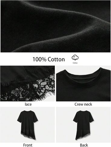 Verdusa Women's Lace Tops Satin T Shirt Dress Oversized Tshirts Short Sleeve Asymmetrical Tops Summer Outfits in Kuwait