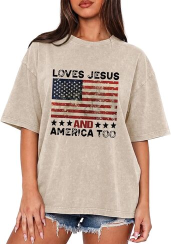Loves Jesus and America Too Shirt Women American Flag 4th of July America 250 Graphic Tee Jesus Acid Wash Tshirt in Saudi Arabia