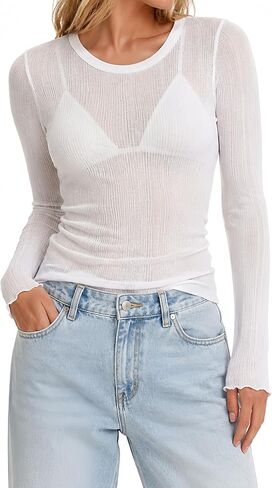 Sunzel Women's Sheer Long Sleeve Layering Top Soft Lightweight Cotton Blend Fitted Mesh Shirt for Bralette Beach Cover Up in Kuwait