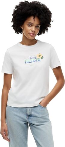 تي شيرتات نسائية من Tommy Hilfiger بأكمام قصيرة وشعار جرافيك من القطن ورقبة دائرية in Kuwait