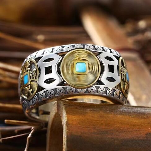 Five Emperors Coin Ring, Feng Shui Ring for Men, 925 Sterling Silver Lucky Amulet Rings, Positive Energy Adjustable Good Luck Rings for Protecting Wealth (B) in Kuwait