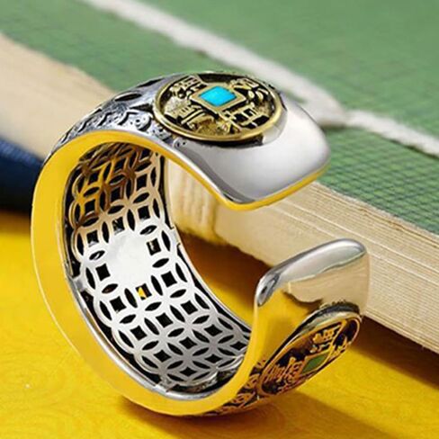 Five Emperors Coin Ring, Feng Shui Ring for Men, 925 Sterling Silver Lucky Amulet Rings, Positive Energy Adjustable Good Luck Rings for Protecting Wealth (B) in Kuwait