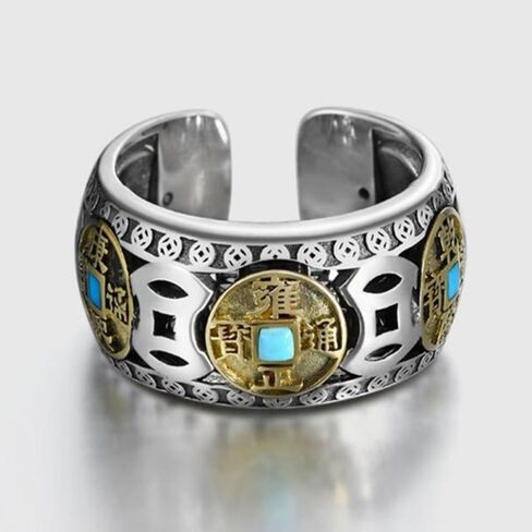 Five Emperors Coin Ring, Feng Shui Ring for Men, 925 Sterling Silver Lucky Amulet Rings, Positive Energy Adjustable Good Luck Rings for Protecting Wealth (B) in Kuwait
