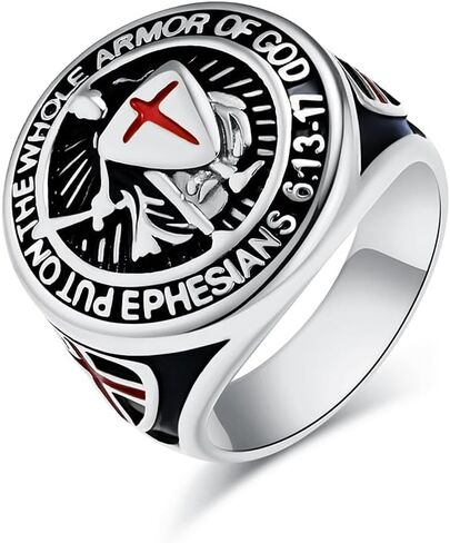 jonline24h Knights Templar Full Armor of God Ring for Men - Stainless Steel Ephesians 6:13-17 Engraved Red Cross Crusader Jewelry, Christian Spiritual Warfare Gift in Saudi Arabia