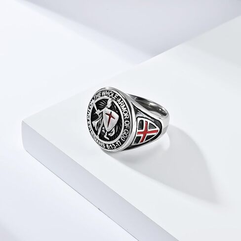 jonline24h Knights Templar Full Armor of God Ring for Men - Stainless Steel Ephesians 6:13-17 Engraved Red Cross Crusader Jewelry, Christian Spiritual Warfare Gift in Saudi Arabia