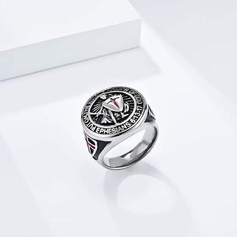jonline24h Knights Templar Full Armor of God Ring for Men - Stainless Steel Ephesians 6:13-17 Engraved Red Cross Crusader Jewelry, Christian Spiritual Warfare Gift in Saudi Arabia