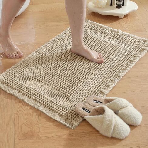 Waffle Bath Mat - Super Water Absorbing Bath Mat Quick Dry, Bathroom Rugs Non Slip Washable with Tassels, Rubber Backed Bathroom Mat for Bathroom Floor, Tub and Shower, 17" x 24", Brown in Saudi Arabia