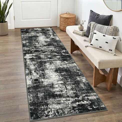 Lansny Abstract Small Area Rug 2x3 Entryway Rugs Washable Door Mat Entrance, Non Slip Kitchen Rugs, Rubber Backed Throw Rug Printed Faux Wool Floor Carpet for Front Door Foyer Entry Sink, Black Grey in Saudi Arabia
