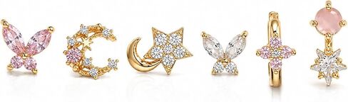 Tiny Astrology 14K Gold Plated Butterflies Stud Minimalist Earring Set, Gold Pink Tone, Zirconia Floral and Constellation Styles with Gift Box in Kuwait