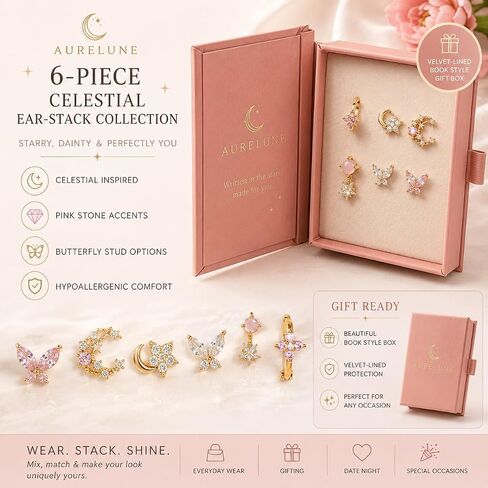 Tiny Astrology 14K Gold Plated Butterflies Stud Minimalist Earring Set, Gold Pink Tone, Zirconia Floral and Constellation Styles with Gift Box in Kuwait