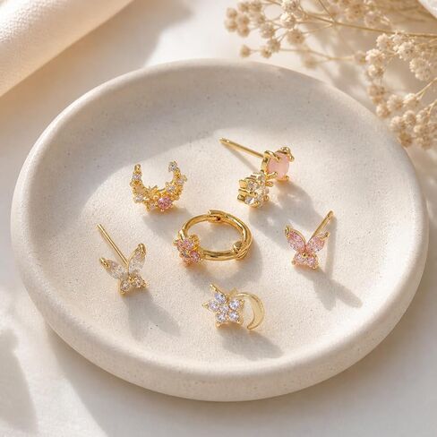 Tiny Astrology 14K Gold Plated Butterflies Stud Minimalist Earring Set, Gold Pink Tone, Zirconia Floral and Constellation Styles with Gift Box in Kuwait