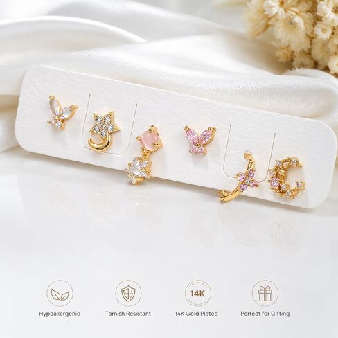 Tiny Astrology 14K Gold Plated Butterflies Stud Minimalist Earring Set, Gold Pink Tone, Zirconia Floral and Constellation Styles with Gift Box in Kuwait