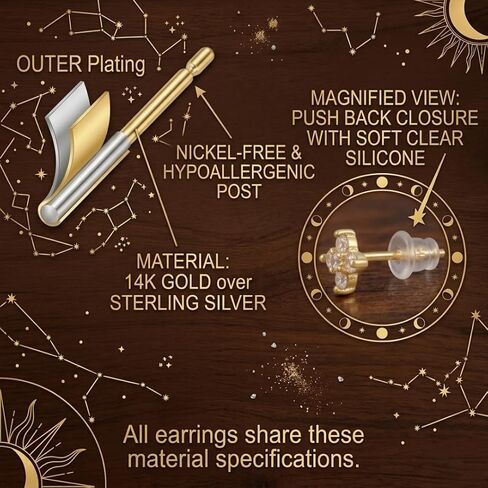 Tiny Astrology 14K Gold Plated Butterflies Stud Minimalist Earring Set, Gold Pink Tone, Zirconia Floral and Constellation Styles with Gift Box in Kuwait