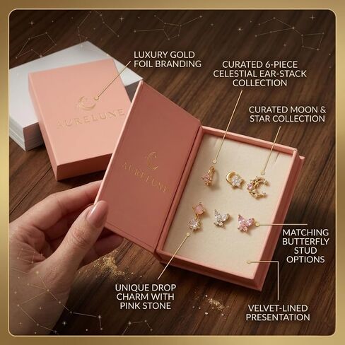 Tiny Astrology 14K Gold Plated Butterflies Stud Minimalist Earring Set, Gold Pink Tone, Zirconia Floral and Constellation Styles with Gift Box in Kuwait