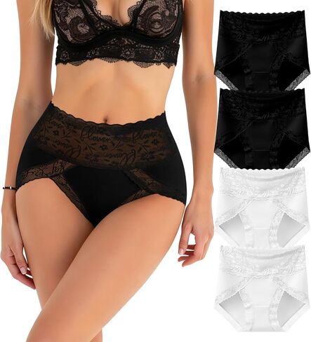 Womens High Waist Underwear Nylon Lace Panties Soft Breathable Ladies Hipster Panty Briefs 4 Pack in Saudi Arabia