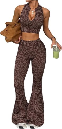 BEAUDRM Women's 2 Piece Leopard Workout Sets Cheetah Half Zip Tank Crop Top and Flared Pants Athletic Tracksuits in Kuwait