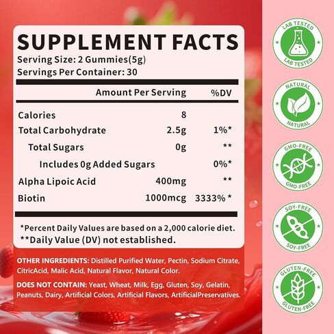 Alpha Lipoic Acid Gummies 400 MG, Chewable R Lipoic Acid Supplement for Antioxidant & Nervous System Support, Sugar Free, Vegan, Strawberry Flavor, 60 Count in Saudi Arabia