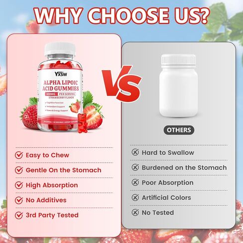 Alpha Lipoic Acid Gummies 400 MG, Chewable R Lipoic Acid Supplement for Antioxidant & Nervous System Support, Sugar Free, Vegan, Strawberry Flavor, 60 Count in Saudi Arabia