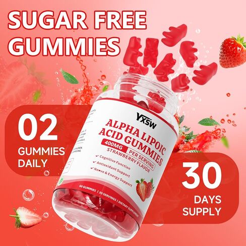 Alpha Lipoic Acid Gummies 400 MG, Chewable R Lipoic Acid Supplement for Antioxidant & Nervous System Support, Sugar Free, Vegan, Strawberry Flavor, 60 Count in Saudi Arabia