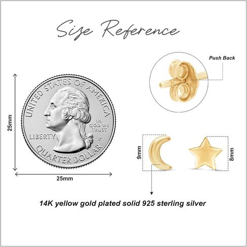 Asymmetric Earrings Half Moon And Star Lovely Charm Stud Earrings in 14K Gold Plated Sterling Silver With Push Back for her in Kuwait