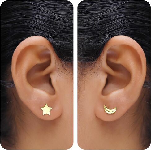 Asymmetric Earrings Half Moon And Star Lovely Charm Stud Earrings in 14K Gold Plated Sterling Silver With Push Back for her in Kuwait