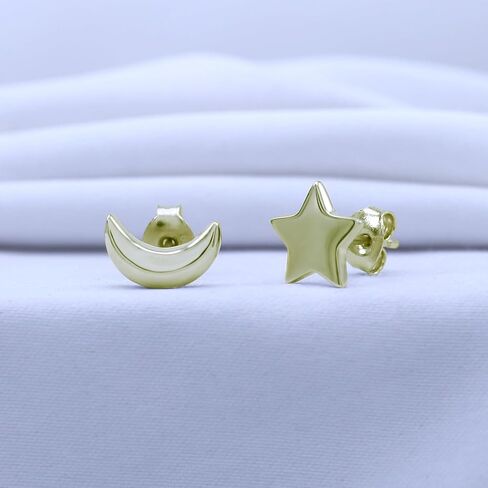 Asymmetric Earrings Half Moon And Star Lovely Charm Stud Earrings in 14K Gold Plated Sterling Silver With Push Back for her in Kuwait