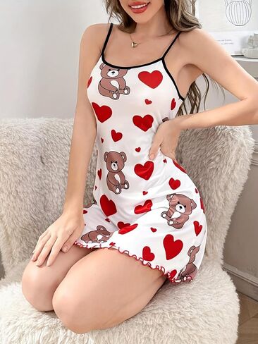 Cute Teddy Bear and Red Heart Pajamas for Women - Sleeveless Ruffle Bed Skirt with Bear Print in Kuwait