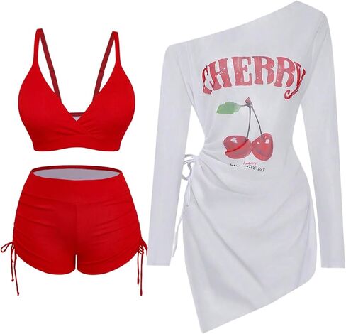 SweatyRocks Plus Size Bikini Sets for Women Tie Knot High Waisted Shorts Swimsuit with Cover Up Dress in Kuwait
