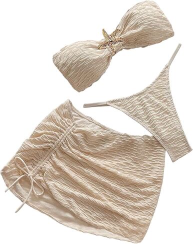 SweatyRocks Women's 3 Piece Swimsuits Textured Bandeau Bikini Set with Cover Up Skirts in Kuwait