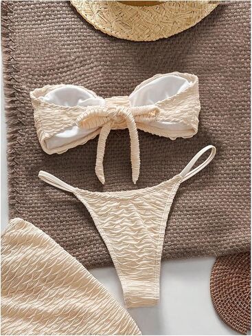 SweatyRocks Women's 3 Piece Swimsuits Textured Bandeau Bikini Set with Cover Up Skirts in Kuwait