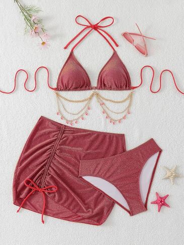 COZYEASE Women's 3 Piece Bikini Set Backless Halter Neck Triangle Chain Swimsuit Set with Beach Skirt Dark Pink Medium in Kuwait