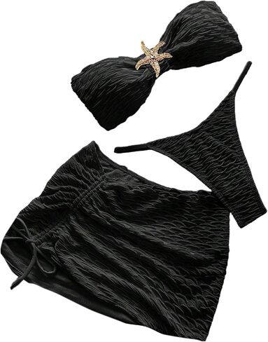 SweatyRocks Women's 3 Piece Swimsuits Textured Bandeau Bikini Set with Cover Up Skirts in Kuwait
