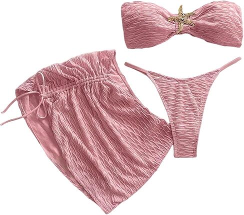 SweatyRocks Women's 3 Piece Swimsuits Textured Bandeau Bikini Set with Cover Up Skirts in Kuwait