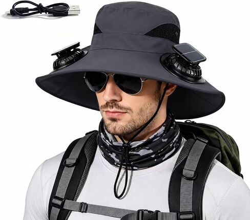 Wide Brim Sun Hat with 2 Solar Fans, UPF 50+, Extended Runtime & USB Charging for Fishing, Hiking, Gardening, Beach in Kuwait