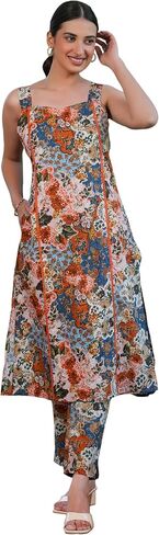 Janasya Indian Women's Cotton Multicolor Floral Print Casual Wear Kurta Set for Women in Kuwait