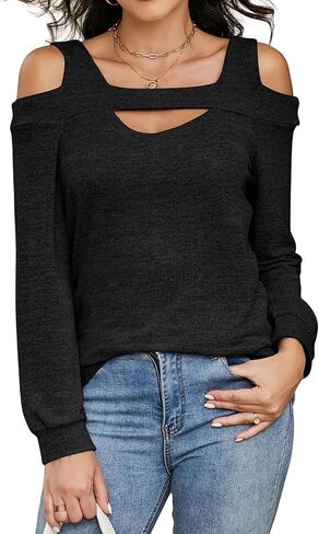 Women's Cold Shoulder Hollow Out Long Sleeve Blouse Tunic Tops Casual Pullover T Shirts in Saudi Arabia