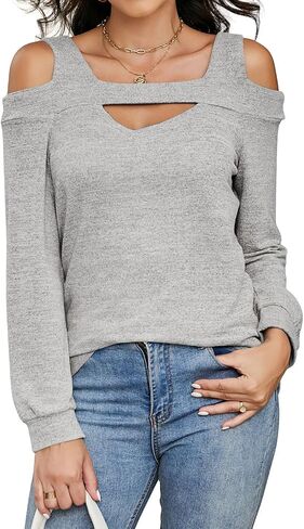Women's Cold Shoulder Hollow Out Long Sleeve Blouse Tunic Tops Casual Pullover T Shirts in Saudi Arabia