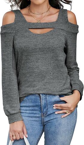 Women's Cold Shoulder Hollow Out Long Sleeve Blouse Tunic Tops Casual Pullover T Shirts in Saudi Arabia