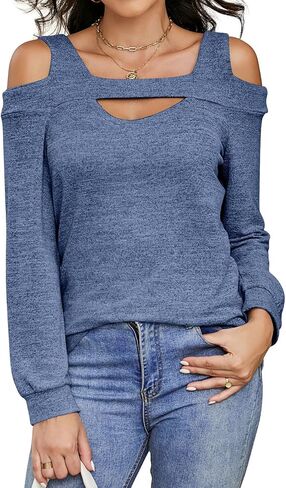 Women's Cold Shoulder Hollow Out Long Sleeve Blouse Tunic Tops Casual Pullover T Shirts in Saudi Arabia