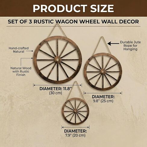 NIXNEHC 3 Pcs Wooden Wagon Wheel Decor 12/10/8 Inch Western Cowboy Party Decorations Vintage Rustic Wagon Wheels Rustic Yard Hanging Decorative Art for Garden Home Bar Garage in Saudi Arabia