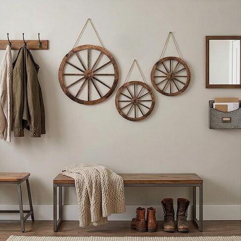 NIXNEHC 3 Pcs Wooden Wagon Wheel Decor 12/10/8 Inch Western Cowboy Party Decorations Vintage Rustic Wagon Wheels Rustic Yard Hanging Decorative Art for Garden Home Bar Garage in Saudi Arabia