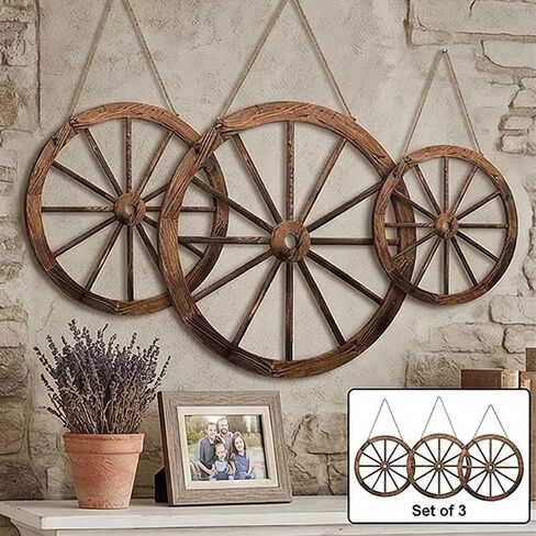 NIXNEHC 3 Pcs Wooden Wagon Wheel Decor 12/10/8 Inch Western Cowboy Party Decorations Vintage Rustic Wagon Wheels Rustic Yard Hanging Decorative Art for Garden Home Bar Garage in Saudi Arabia