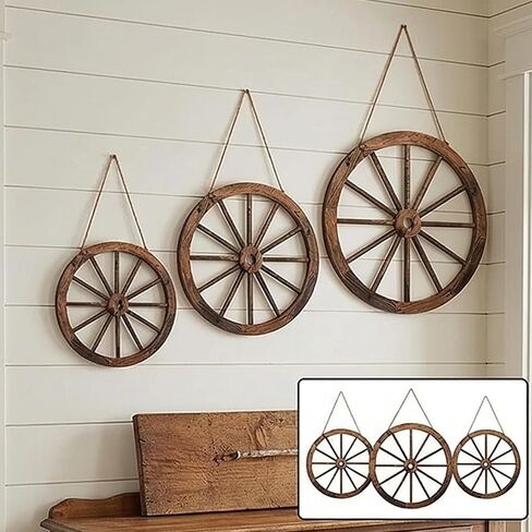 NIXNEHC 3 Pcs Wooden Wagon Wheel Decor 12/10/8 Inch Western Cowboy Party Decorations Vintage Rustic Wagon Wheels Rustic Yard Hanging Decorative Art for Garden Home Bar Garage in Saudi Arabia