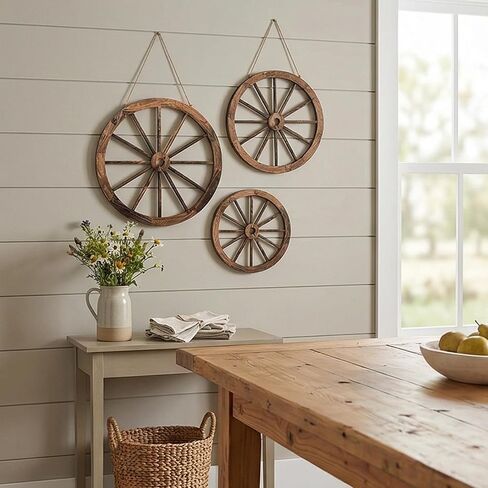 NIXNEHC 3 Pcs Wooden Wagon Wheel Decor 12/10/8 Inch Western Cowboy Party Decorations Vintage Rustic Wagon Wheels Rustic Yard Hanging Decorative Art for Garden Home Bar Garage in Saudi Arabia